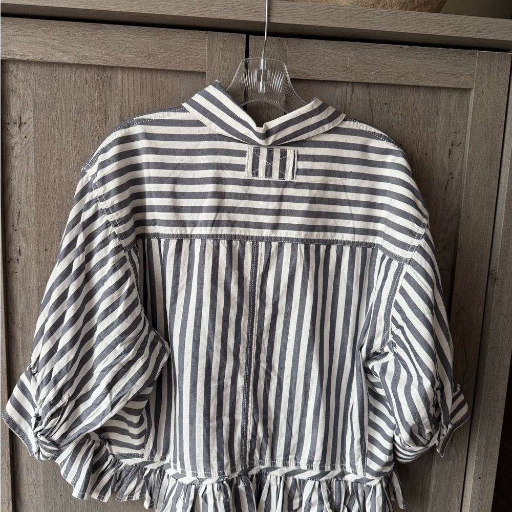 We The Free Blue & White Vertical Stripe Ruffle Hem Shirt - Picture 2 of 3